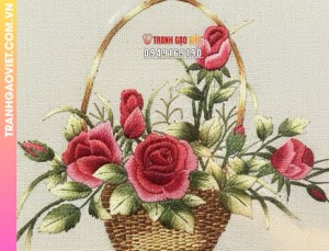 Tranh Thêu Giỏ Hoa Hồng Đỏ Thắm