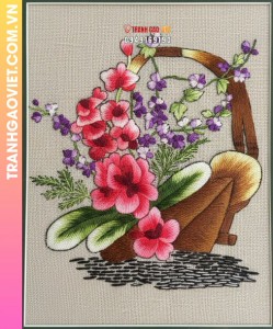 Tranh Thêu Giỏ Hoa Hồng Và Tím Duyên Dáng