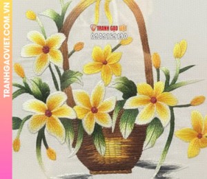Tranh Thêu Giỏ Hoa Vàng Nghệ Thuật Tinh Tế Trang Trí Không Gian Thanh Lịch