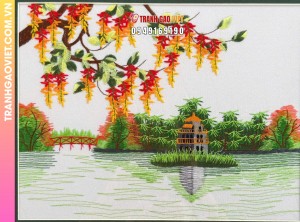 Tranh thêu Hồ Gươm mùa hoa lộc vừng