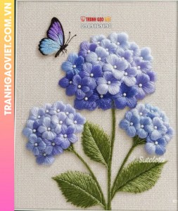Tranh Thêu Hoa Cẩm Tú Cầu Và Bướm Xanh Tinh Tế