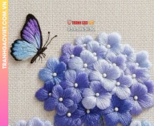 Tranh Thêu Hoa Cẩm Tú Cầu Và Bướm Xanh Tinh Tế
