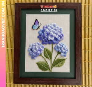 Tranh Thêu Hoa Cẩm Tú Cầu Và Bướm Xanh Tinh Tế