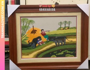 Tranh Thêu Mục Đồng Thổi Sáo Và Đọc Sách Bên Lưng Trâu