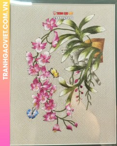 Tranh Thêu Nhành Lan Hồng Và Bướm Xuân Tinh Tế