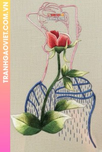 Tranh Thêu Phác Họa Cô Gái Và Hoa Hồng Nghệ Thuật