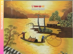 Tranh Thêu Phong Cảnh Làng Quê Hoàng Hôn Nghệ Thuật Bình Yên Đậm Chất Việt