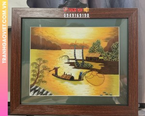Tranh Thêu Phong Cảnh Làng Quê Hoàng Hôn Nghệ Thuật Bình Yên Đậm Chất Việt