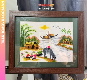 Tranh Thêu Phong Cảnh Làng Quê Việt Nam Bình Yên Cạnh Dòng Sông