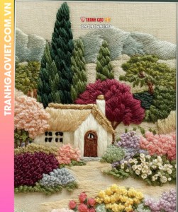 Tranh Thêu Phong Cảnh Ngôi Nhà Nhỏ Và Vườn Hoa