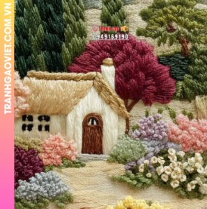 Tranh Thêu Phong Cảnh Ngôi Nhà Nhỏ Và Vườn Hoa