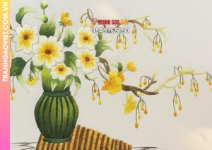 Tranh Thêu Tay Bình Hoa Cúc Trắng Thủ Công Tinh Xảo