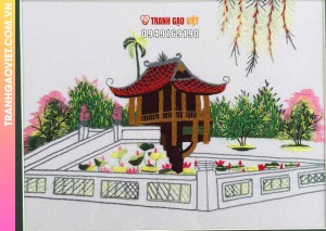 Tranh thêu tay Chùa Một Cột Hà Nội và hồ sen ngát tỏa