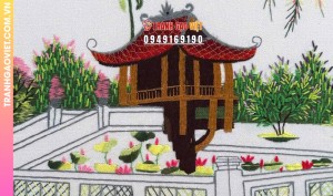 Tranh thêu tay Chùa Một Cột Hà Nội và hồ sen ngát tỏa