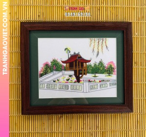 Tranh thêu tay Chùa Một Cột Hà Nội và hồ sen ngát tỏa