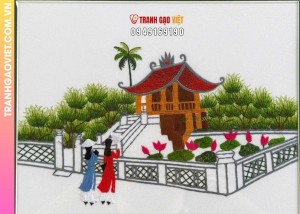 Tranh thêu tay Chùa Một Cột và hai cô gái áo dài
