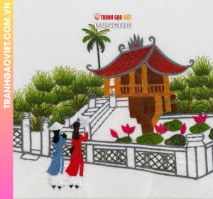 Tranh thêu tay Chùa Một Cột và hai cô gái áo dài