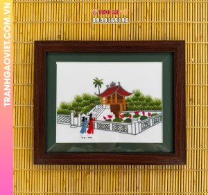 Tranh thêu tay Chùa Một Cột và hai cô gái áo dài