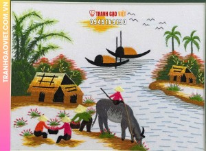 Tranh thêu tay nghệ thuật cảnh chiều quê yên bình
