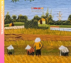 Tranh thêu tay phong cảnh ngày mùa trên cánh đồng lúa chín vàng