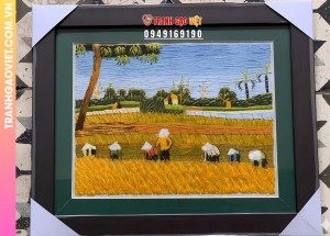 Tranh thêu tay phong cảnh ngày mùa trên cánh đồng lúa chín vàng