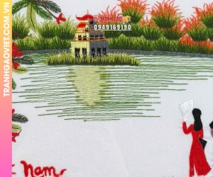 Tranh thêu tay Tháp Rùa Hồ Gươm và thiếu nữ áo dài bên hoa phượng