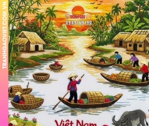 Tranh thêu tay Việt Nam Hồn Quê cảnh họp chợ trên sông