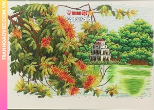 Tranh Thêu Tháp Rùa Hồ Gươm Và Hoa Lộc Vừng Rực Rỡ