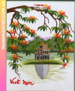 Tranh Thêu Tháp Rùa Hồ Gươm Và Hoa Lộc Vừng Rực Rỡ