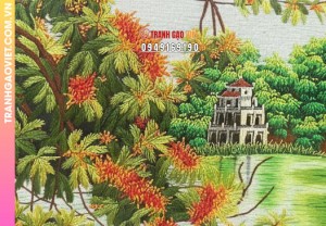 Tranh Thêu Tháp Rùa Hồ Gươm Và Hoa Lộc Vừng Rực Rỡ