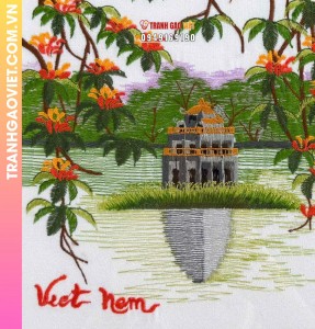Tranh Thêu Tháp Rùa Hồ Gươm Và Hoa Lộc Vừng Rực Rỡ