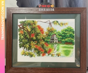 Tranh Thêu Tháp Rùa Hồ Gươm Và Hoa Lộc Vừng Rực Rỡ