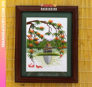 Tranh Thêu Tháp Rùa Hồ Gươm Và Hoa Lộc Vừng Rực Rỡ